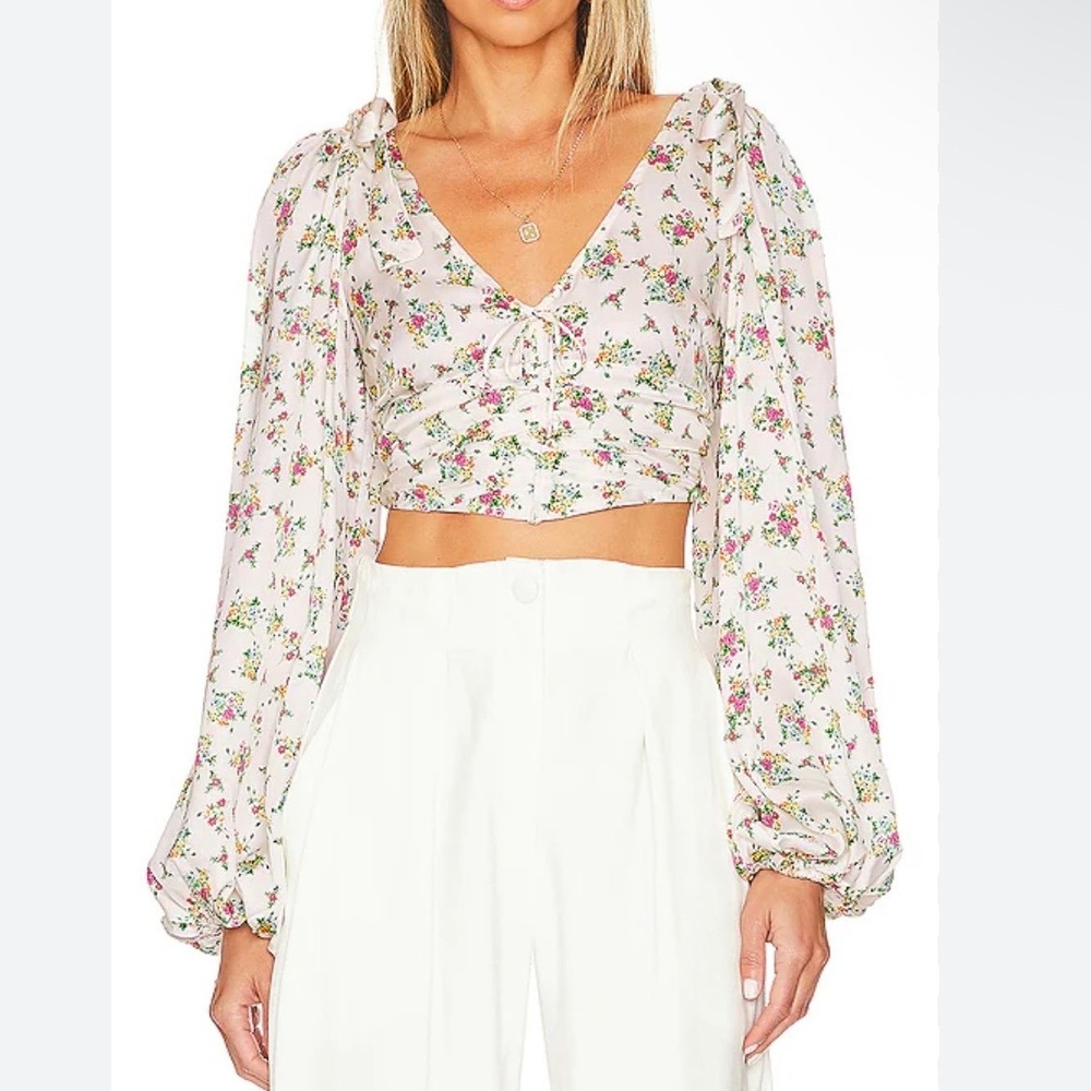 For Love & Lemons Tanya Top Small NWT Floral Puff Sleeve Coquette Crop A7 - Picture 3 of 10